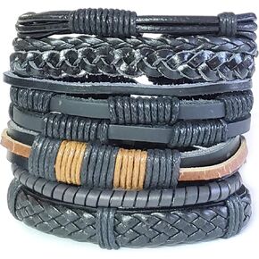 JM Future 6 Pcs Set Leather Braided Cuff Wrap Bracelet Wristband Handmade Jewelry for Men Women Adjustable Layer Black and Brown