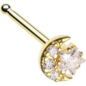 Pierced Owl 20GA Gold Tone Moon and CZ Crystal Star Nose Bone Stud