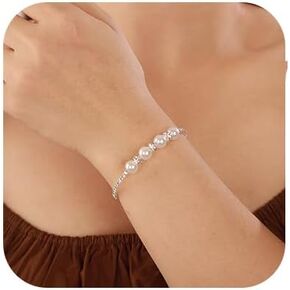 Chargances Wedding Silver Pearl Bracelet Elegant Rhinestone Statement Open Cuff Dainty Bridal Crystal Wrap Bangle for Women Brides Gift