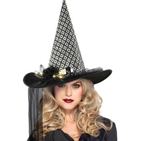 NatuBeau Halloween Witch Hat for Women, LED Light Witch Hats, LED Witches Hat with Flower and Gauze Decoration