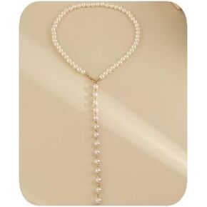 Fashion Silver Gold White Beads Y Pendant Necklace Bohemian Long Chain Y Dangle Necklace Choker Vintage Pearl Beads Y Necklace for Wedding Women Girls