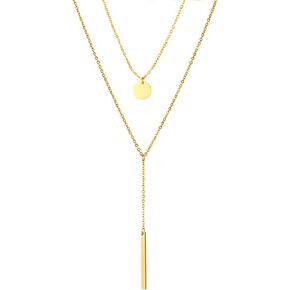 2 Pcs Long Gold Necklace and Silver Boho Layered Trendy Necklaces with Pendant Vertical Bar Y Lariat Circle Disc Jewelry for Women Wife Friends Party