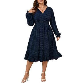 Women's Plus Size Fall Dress Long Sleeve V Neck Swiss Dot Flowy High Waisted A Line Ruffle Midi Dress