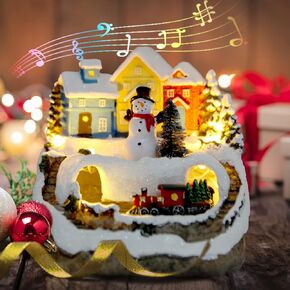 Christmas Collectibles Building Village House Musical Snow Globe Resin Figurines with 8 Music Snowman, Christmas Train Come with Xmas Gift (Santa)