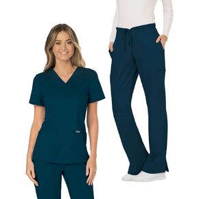 Cherokee Scrub Set for Women Modern Classic Fit Mock Wrap Top WW610 with Mid Rise Moderate Flare Drawstring Pant-WW120, Caribbean Blue- L Top/L Pant
