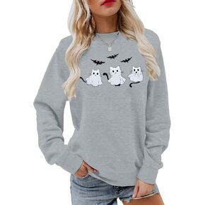 JINTING Women Halloween Funny Cat Sweatshirt Ghost Graphic Long Sleeve Shirts Spooky Season Fall Pullover Tops