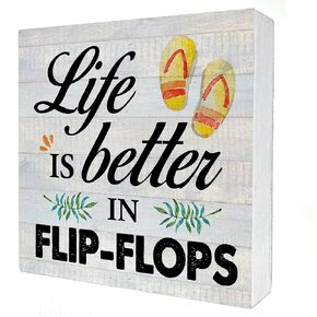 Summer Beach Saying Wooden Box Sign Desk Decor Sandy Toes Sun-kissed Nose Wood Block Plaque Box Signs Rustic Box Sign for Home Beach House Shelf Table Decoration (5 X 5 Inch)