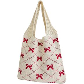 Pokn Crochet Tote Bag Heart Tote Cutecore Key Chain Cute Tote Bag Y2K Accessories Shoulder Bag Heart Bag Hobo Bag Y2k Knit (Bowknot-RED)