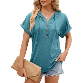 Women Summer Casual Short Sleeve Hoodies Button V Neck Drawstring Hooded Pullover Sweatshirts Tops