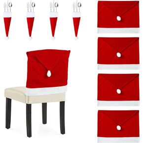 4PCS Christmas Chair Covers, Stretch Removable Washable Santa Claus Hat Dining Room Chair Slipcover - Red Xmas Chair Seat Protector Cover for Home,Ceremony, Banquet Indoor Decorations