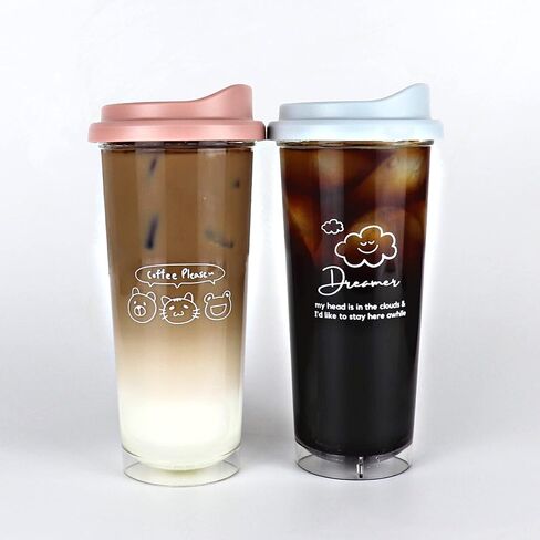 عبوتان من كوب قهوة بلاستيكي بوزن 20 أونصة مع غطاء، كوب قهوة مثلج خالٍ من مادة BPA، طقم أكواب قابل لإعادة الاستخدام للقهوة المثلجة in Saudi Arabia