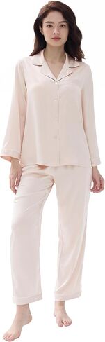 Joyaria Womens Pajama Sets Satin Silk Pjs Long Sleeve Classic Button Down Sleepwear Soft Loungewear with Chest Pocket S-XXL in Saudi Arabia