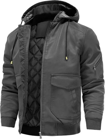 Leather Jackets for Men,Stand Collar Zip Up Motorcycle Biker Bomber Jacket With Removable Hood in Saudi Arabia