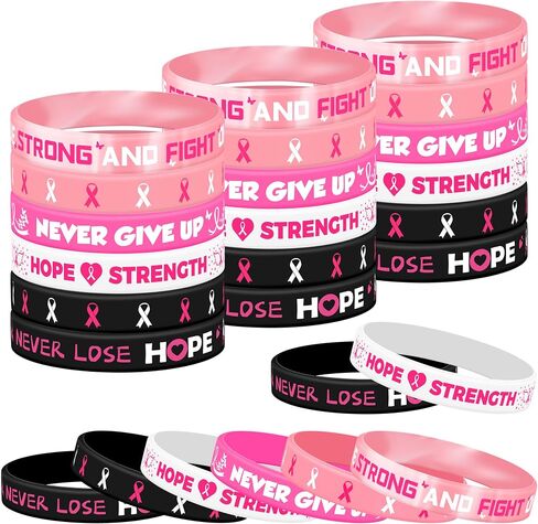 Lesnala 48 PCS Breast cancer awareness bracelet Pink ribbon silicone bracelet Breast cancer bracelets Hope faith strength courage inspiring rubber wristbands for Women Party Supplies Favors in Kuwait