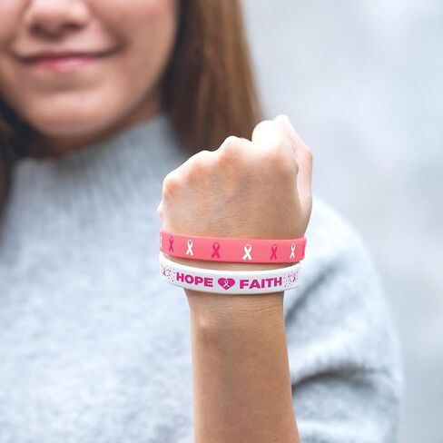 Lesnala 48 PCS Breast cancer awareness bracelet Pink ribbon silicone bracelet Breast cancer bracelets Hope faith strength courage inspiring rubber wristbands for Women Party Supplies Favors in Kuwait