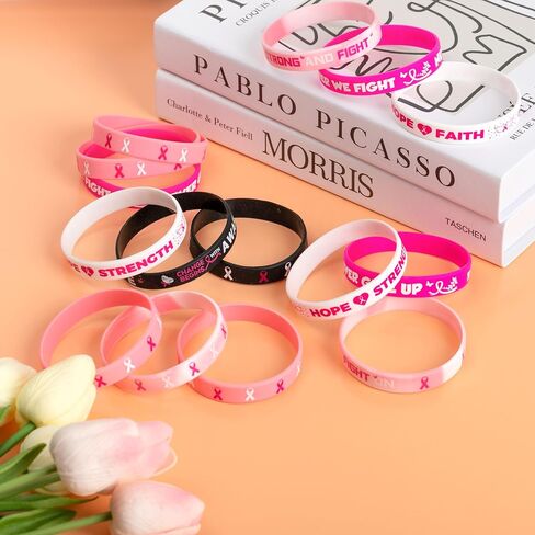 Lesnala 48 PCS Breast cancer awareness bracelet Pink ribbon silicone bracelet Breast cancer bracelets Hope faith strength courage inspiring rubber wristbands for Women Party Supplies Favors in Kuwait