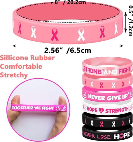 Lesnala 48 PCS Breast cancer awareness bracelet Pink ribbon silicone bracelet Breast cancer bracelets Hope faith strength courage inspiring rubber wristbands for Women Party Supplies Favors in Kuwait