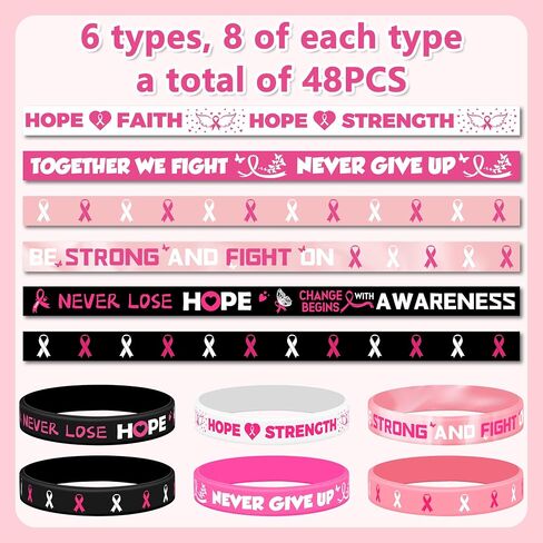 Lesnala 48 PCS Breast cancer awareness bracelet Pink ribbon silicone bracelet Breast cancer bracelets Hope faith strength courage inspiring rubber wristbands for Women Party Supplies Favors in Kuwait