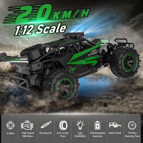kolegend سيارة التحكم عن بعد 50 + دقيقة RC سيارات لعب 1:12 مقياس الوحش الشاحنات 20KM / H شاحنة الوحش التحكم عن بعد مع المصباح LED وهدايا بطارية قابلة للشحن للأولاد 8-12، أخضر in Saudi Arabia
