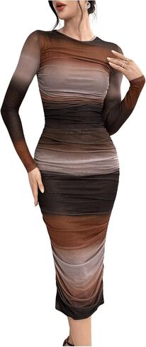GORGLITTER Women's Sexy Ombre Split Hem Ruched Mesh Dress Long Sleeve Crewneck Long Bodycon Dresses in Kuwait
