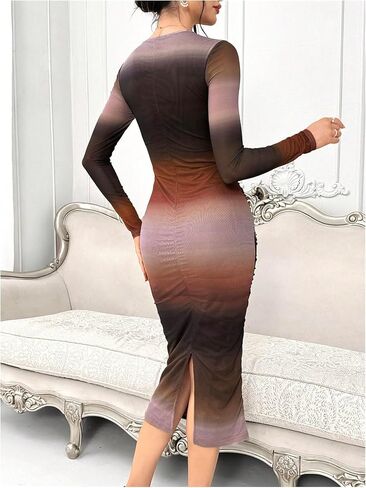 GORGLITTER Women's Sexy Ombre Split Hem Ruched Mesh Dress Long Sleeve Crewneck Long Bodycon Dresses in Kuwait