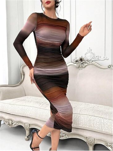 GORGLITTER Women's Sexy Ombre Split Hem Ruched Mesh Dress Long Sleeve Crewneck Long Bodycon Dresses in Kuwait