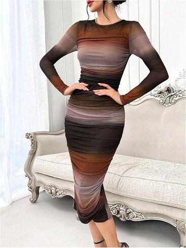 GORGLITTER Women's Sexy Ombre Split Hem Ruched Mesh Dress Long Sleeve Crewneck Long Bodycon Dresses in Kuwait