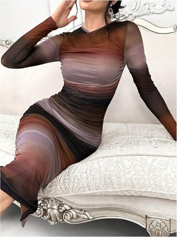 GORGLITTER Women's Sexy Ombre Split Hem Ruched Mesh Dress Long Sleeve Crewneck Long Bodycon Dresses in Kuwait
