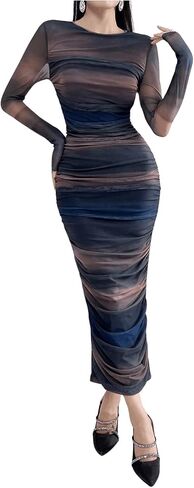 GORGLITTER Women's Sexy Ombre Split Hem Ruched Mesh Dress Long Sleeve Crewneck Long Bodycon Dresses in Kuwait