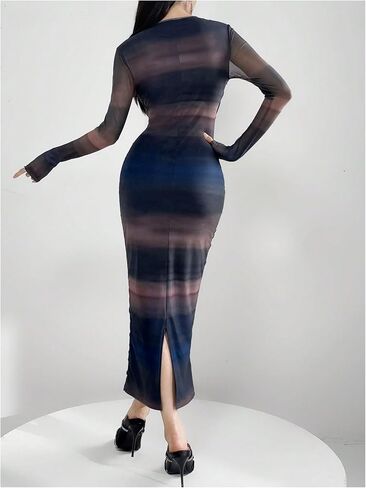 GORGLITTER Women's Sexy Ombre Split Hem Ruched Mesh Dress Long Sleeve Crewneck Long Bodycon Dresses in Kuwait