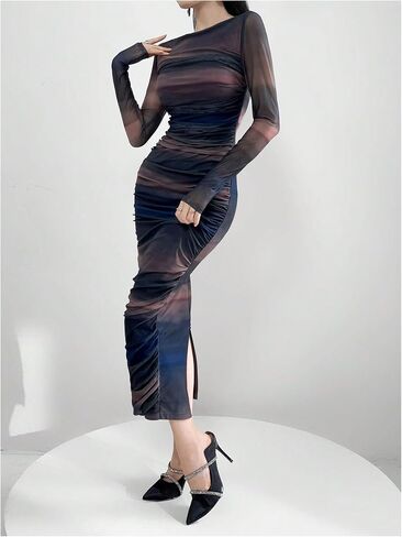 GORGLITTER Women's Sexy Ombre Split Hem Ruched Mesh Dress Long Sleeve Crewneck Long Bodycon Dresses in Kuwait