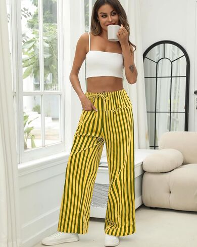 Aoulaydo Y2K Striped Drawstring Elastic High Waist Straight Wide Leg Lounge Pajama Pants Comfy Loose Pants with Pockets in Saudi Arabia