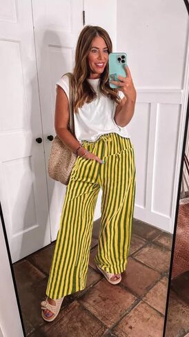 Aoulaydo Y2K Striped Drawstring Elastic High Waist Straight Wide Leg Lounge Pajama Pants Comfy Loose Pants with Pockets in Saudi Arabia