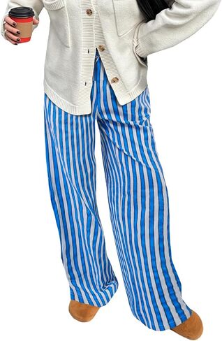 Aoulaydo Y2K Striped Drawstring Elastic High Waist Straight Wide Leg Lounge Pajama Pants Comfy Loose Pants with Pockets in Saudi Arabia