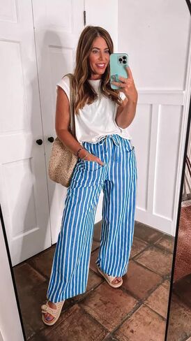 Aoulaydo Y2K Striped Drawstring Elastic High Waist Straight Wide Leg Lounge Pajama Pants Comfy Loose Pants with Pockets in Saudi Arabia