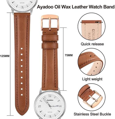 Ayadoo 21mm Oil Wax Leather Watch Band, Vintage Quick Release Replacement Black Leather Watch Strap with Silver Buckle for Men, Women in Kuwait