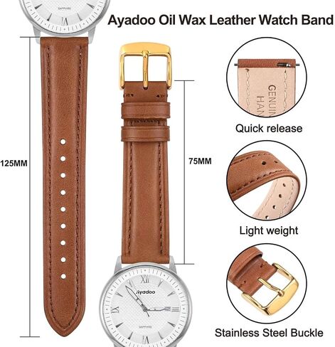 Ayadoo 21mm Oil Wax Leather Watch Band, Vintage Quick Release Replacement Black Leather Watch Strap with Silver Buckle for Men, Women in Kuwait