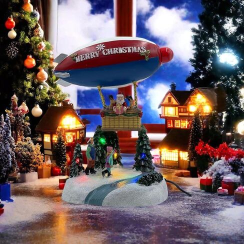 Christmas Village Houses Music Box, Christmas Tree Decor with LED Lights, Hot Air Balloon, 8 Christmas Music, Resin Christmas Decorations Indoor for Tabletop Home Kids in Saudi Arabia