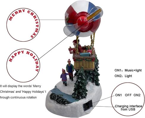 Christmas Village Houses Music Box, Christmas Tree Decor with LED Lights, Hot Air Balloon, 8 Christmas Music, Resin Christmas Decorations Indoor for Tabletop Home Kids in Saudi Arabia