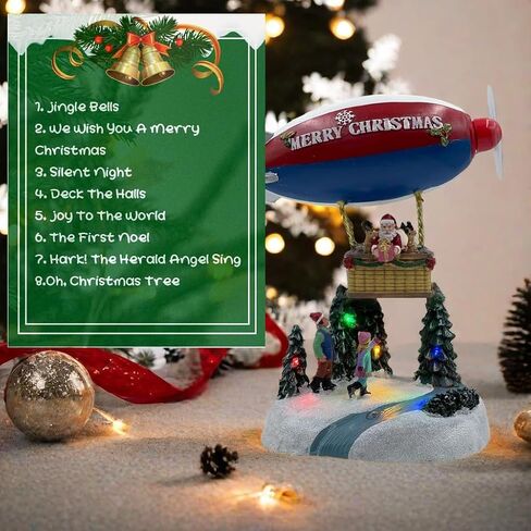 Christmas Village Houses Music Box, Christmas Tree Decor with LED Lights, Hot Air Balloon, 8 Christmas Music, Resin Christmas Decorations Indoor for Tabletop Home Kids in Saudi Arabia