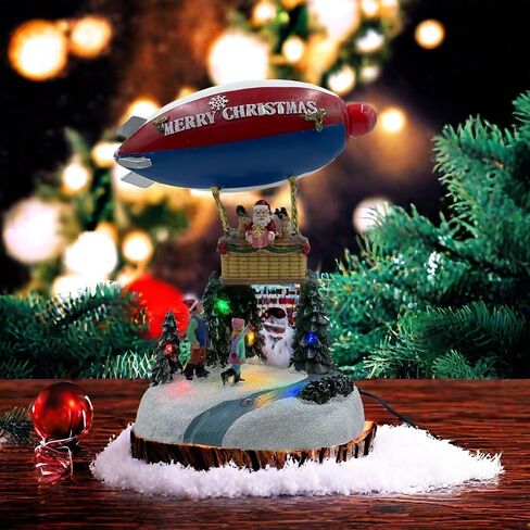 Christmas Village Houses Music Box, Christmas Tree Decor with LED Lights, Hot Air Balloon, 8 Christmas Music, Resin Christmas Decorations Indoor for Tabletop Home Kids in Saudi Arabia