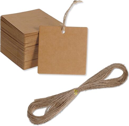 100Pcs Kraft Paper Gift Tags with String, Square Hang Tags-2.2'' Blank Present Tags with 66 Feet Natural Jute Twine for Gift Wrapping, Arts and Crafts, Wedding,Christmas Day in Saudi Arabia