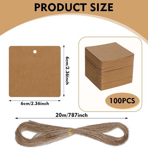 100Pcs Kraft Paper Gift Tags with String, Square Hang Tags-2.2'' Blank Present Tags with 66 Feet Natural Jute Twine for Gift Wrapping, Arts and Crafts, Wedding,Christmas Day in Saudi Arabia