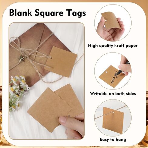 100Pcs Kraft Paper Gift Tags with String, Square Hang Tags-2.2'' Blank Present Tags with 66 Feet Natural Jute Twine for Gift Wrapping, Arts and Crafts, Wedding,Christmas Day in Saudi Arabia