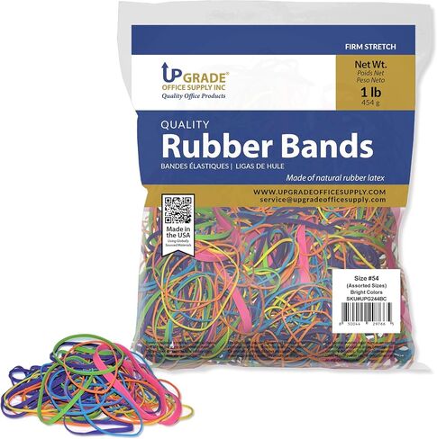 Upgrade Office Supply UPG244BC Rubber Bands, Size #54, Assorted Sizes, Non-Latex, Bright Colors, 1 lb Bag, Made in USA in Kuwait