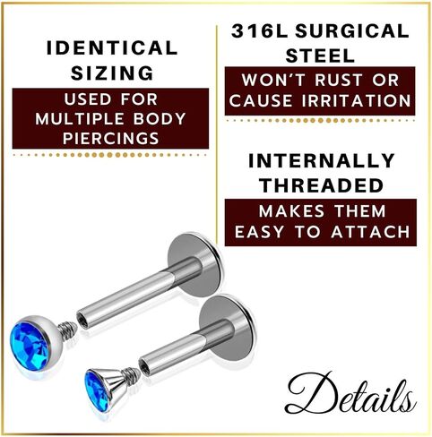 MATIGA 4 قطعة فولاذ جراحي داخليًا 16 جرام 1/4 6 مللي متر 9/32 7 مللي متر خواتم Labret ثقب المجوهرات الزنمة 3 مللي متر 2.5 مللي متر كريستال المزيد من الخيارات in Kuwait