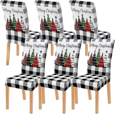 Moukeren 6 Pcs Christmas Dining Chair Covers Buffalo Plaid Trees Chair Covers Stretch Removable Washable Chair Slipcover for Christmas Holiday Party Dining Room Kitchen Home Decor (Black and White) in Kuwait