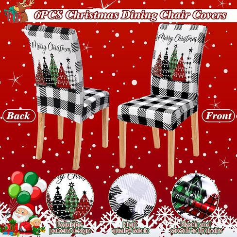 Moukeren 6 Pcs Christmas Dining Chair Covers Buffalo Plaid Trees Chair Covers Stretch Removable Washable Chair Slipcover for Christmas Holiday Party Dining Room Kitchen Home Decor (Black and White) in Kuwait