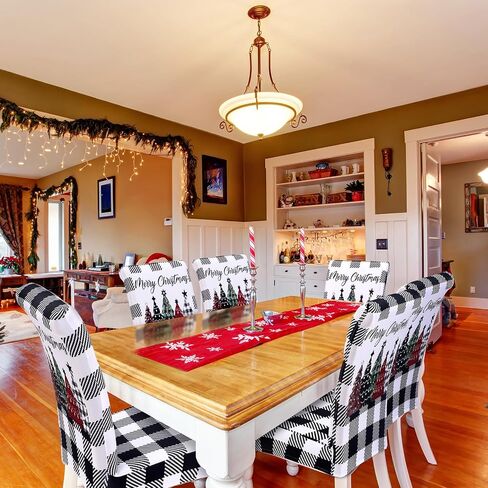 Moukeren 6 Pcs Christmas Dining Chair Covers Buffalo Plaid Trees Chair Covers Stretch Removable Washable Chair Slipcover for Christmas Holiday Party Dining Room Kitchen Home Decor (Black and White) in Kuwait
