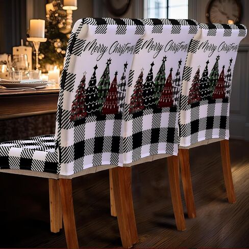 Moukeren 6 Pcs Christmas Dining Chair Covers Buffalo Plaid Trees Chair Covers Stretch Removable Washable Chair Slipcover for Christmas Holiday Party Dining Room Kitchen Home Decor (Black and White) in Kuwait